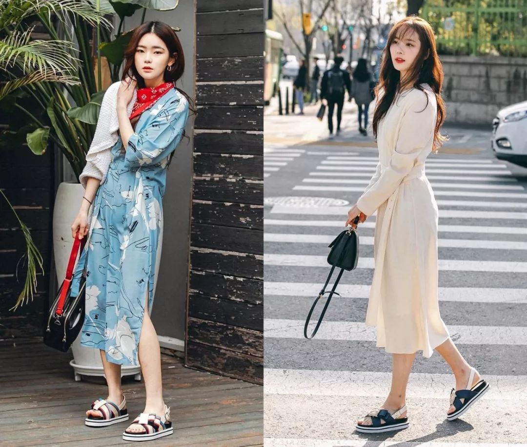 韩国的小姐姐喜欢用撞色凉鞋搭配仙女裙,不仅有仙气还有帅气~▼